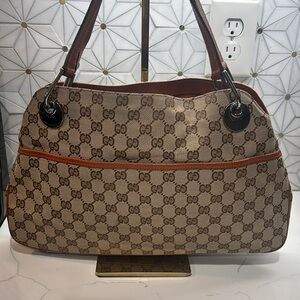 Gucci Beige Monogram Shoulder Bag with Brown Trim
